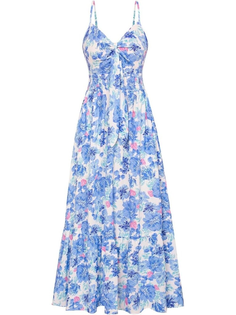 Women's Blue Floral Pull Over V-Neck Long Flowy Boho Casual Long Maxi Sundress